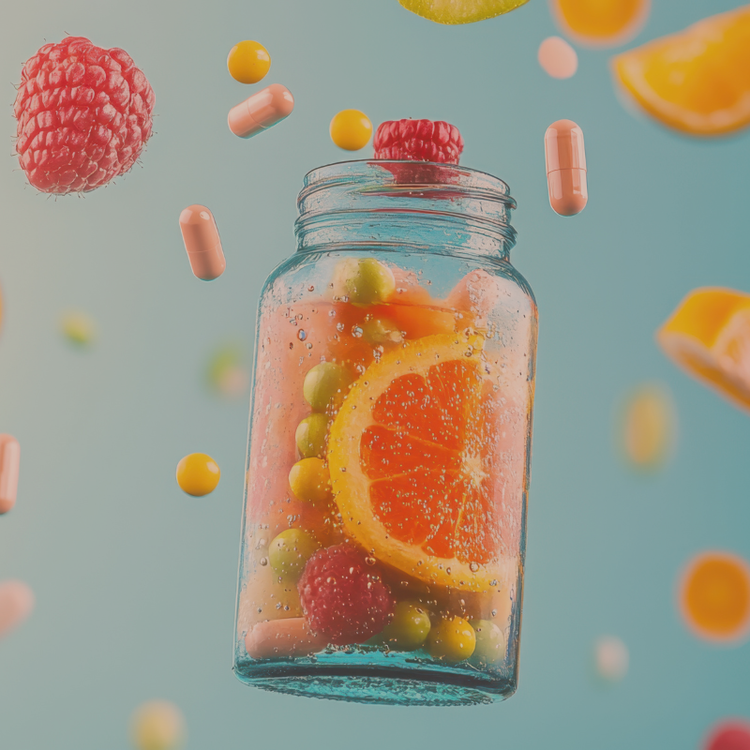 Jar of fruit and supplements