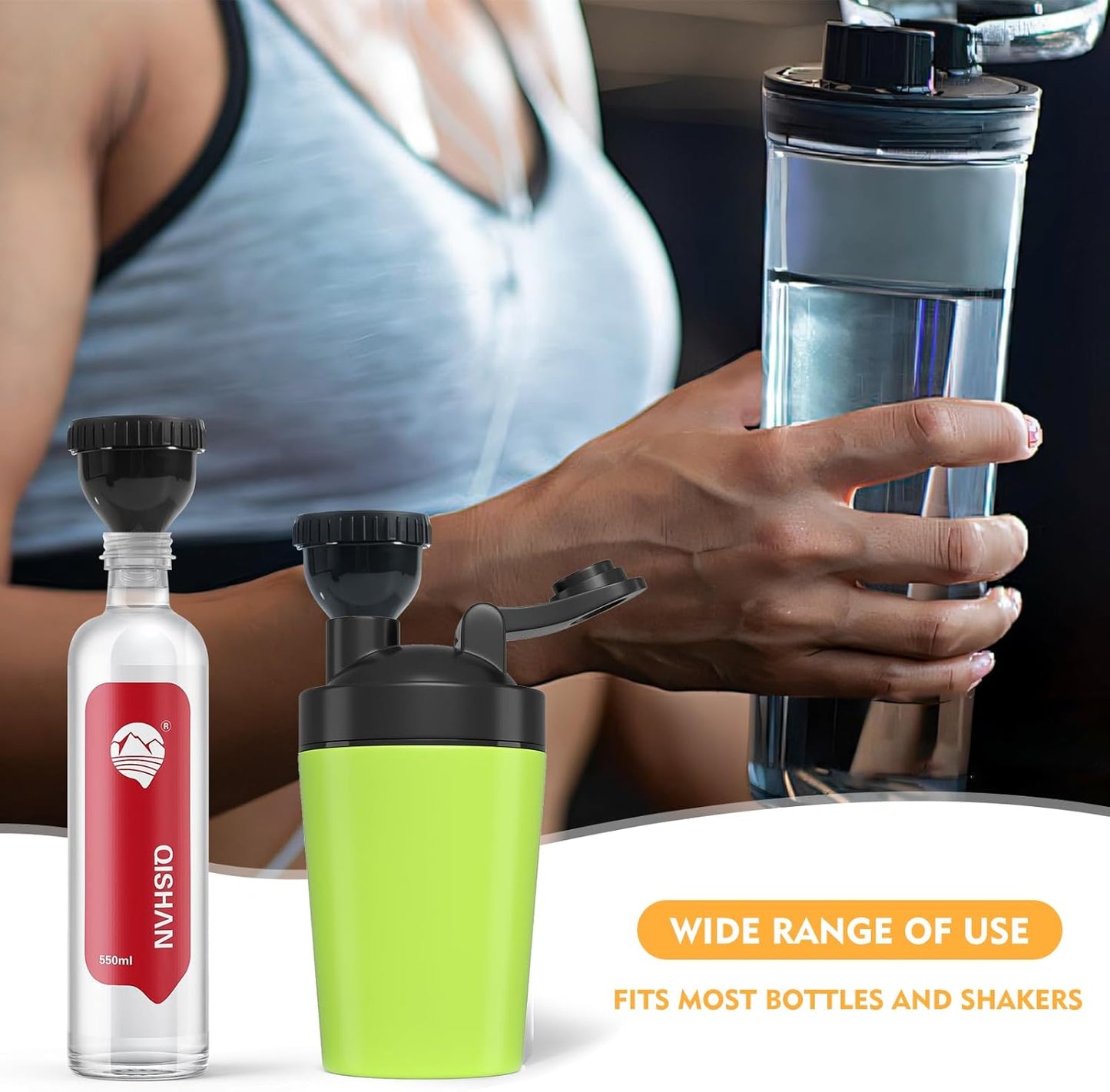 Person holding a protein shaker with additional shakers displayed in the foreground.