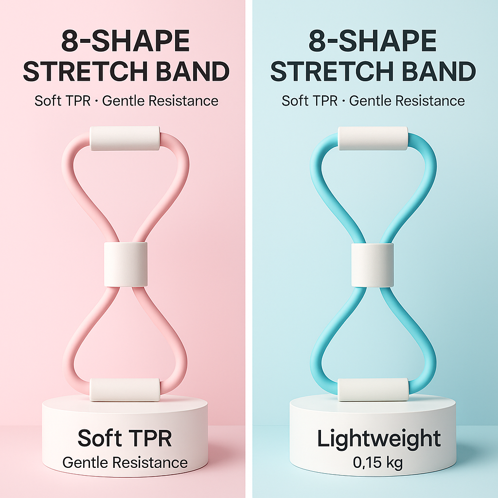 Two 8-shape stretch bands, one pink and one blue, on a pink and blue background with text describing their features.