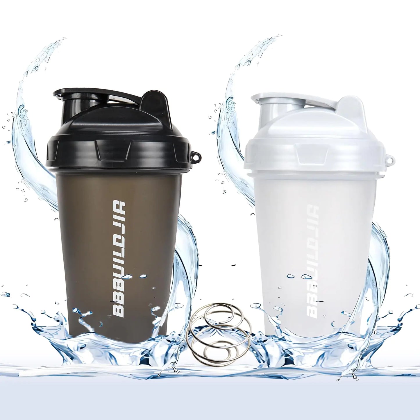 Two protein shakers, one black and one clear with white lid, on a white background with water effects.