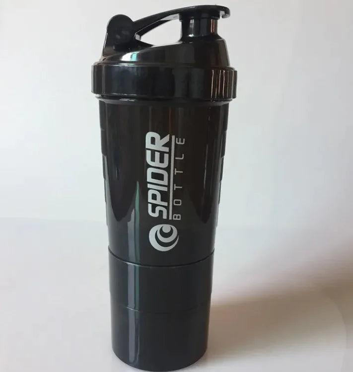 Black shaker bottle with 'Spider Bottle' logo on a white background