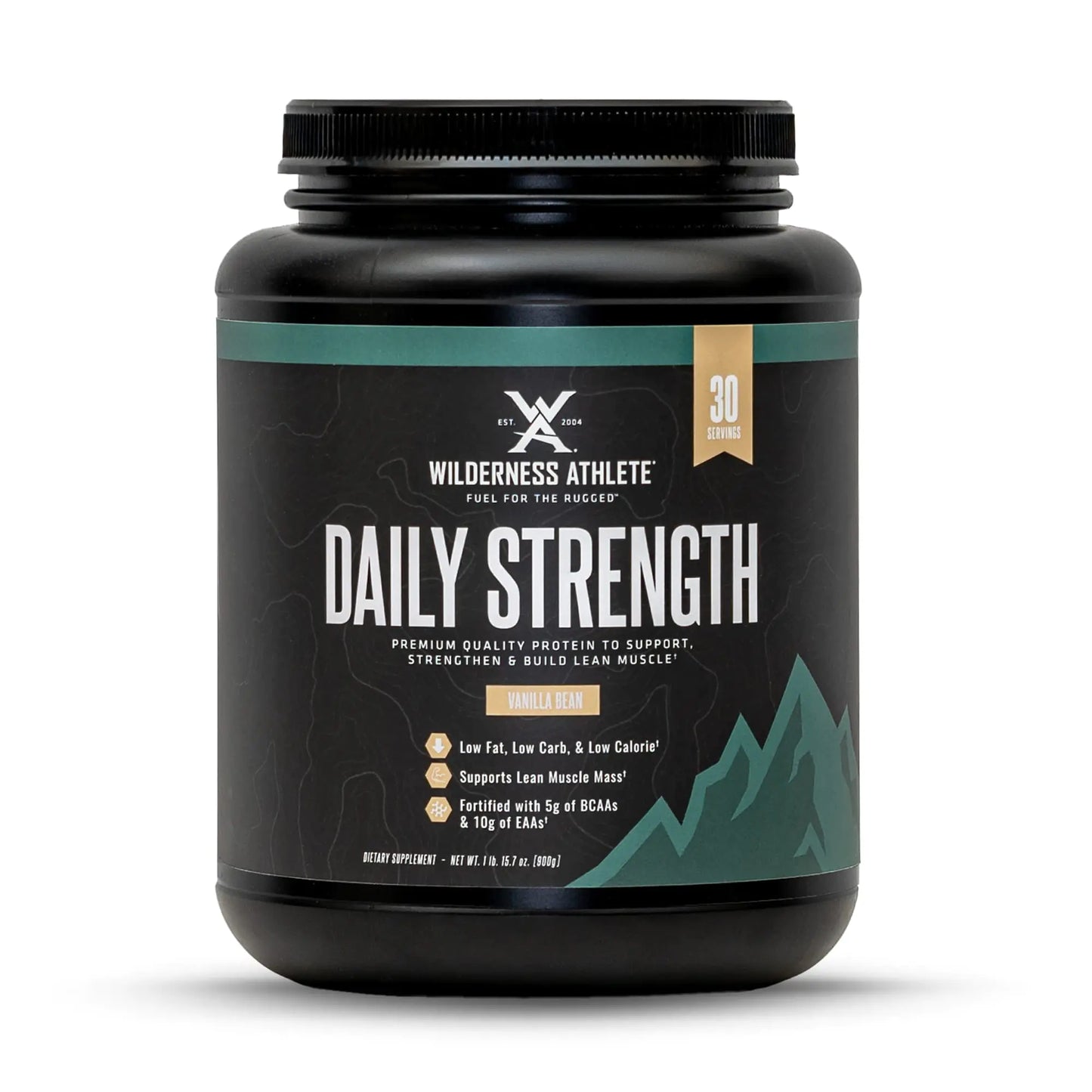 Black container of Wilderness Athlete Daily Strength supplement on a white background