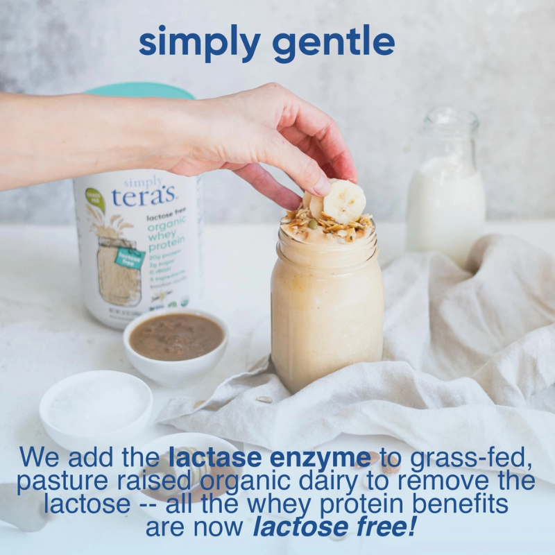Person adding ingredients to a jar with 'tera's' product in the background, featuring text about lactose-free dairy.