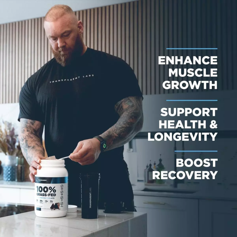 Man preparing a supplement in a kitchen with text about supplement benefits.