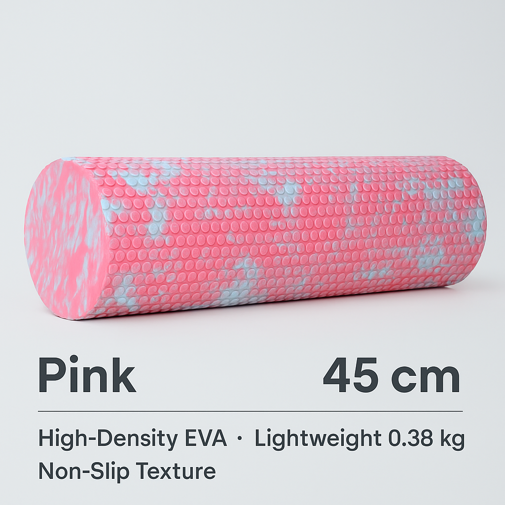 Pink foam roller with text detailing its features on a light gray background