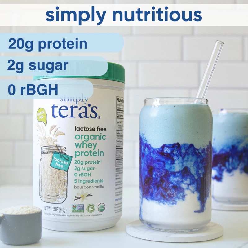 Tera's lactose-free organic whey protein with a glass of a colorful shake on a white background