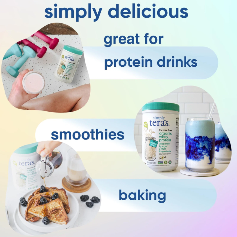 Teras protein powder packaging with usage examples for smoothies, baking, and protein drinks on a colorful background.