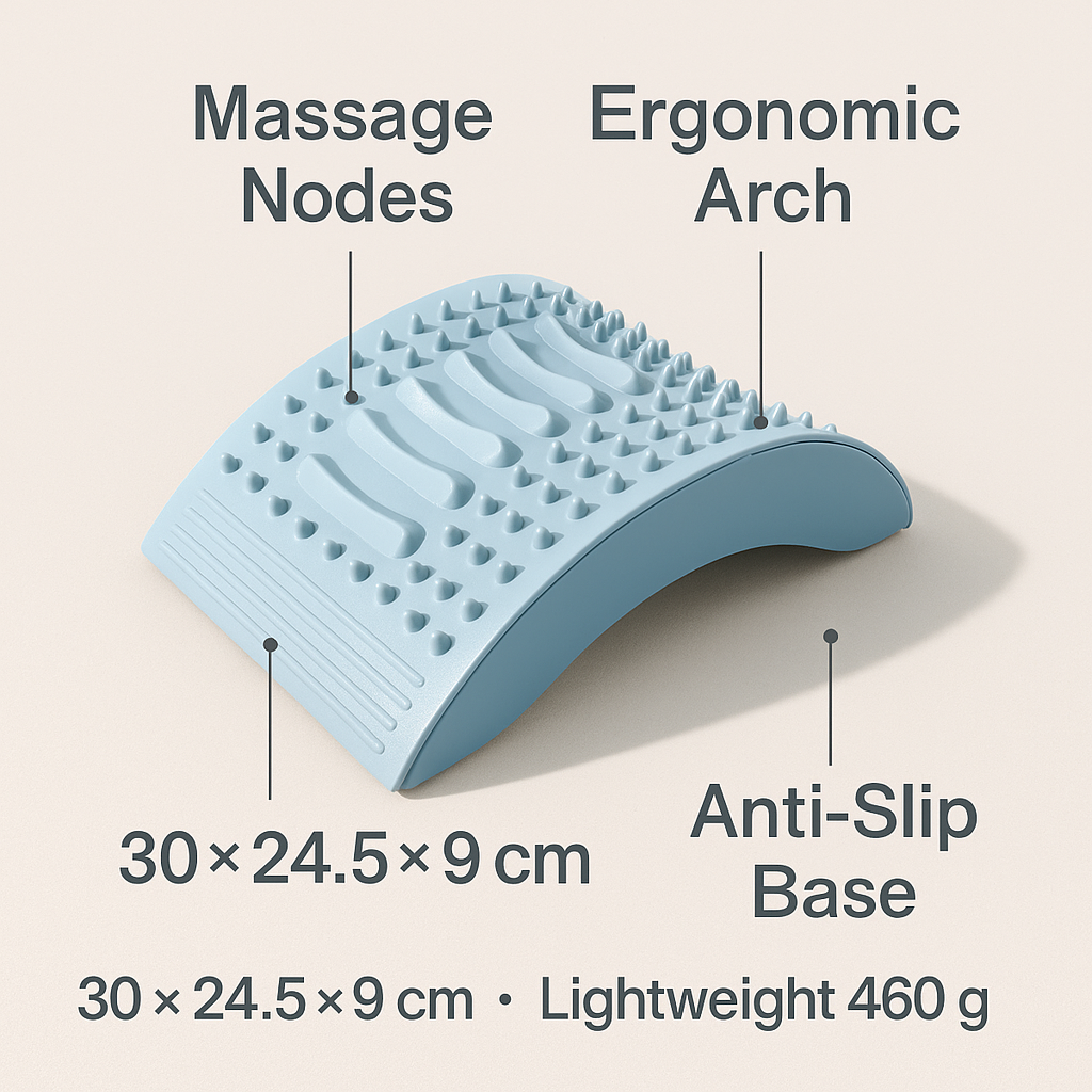 Blue foot massager with labeled features on a beige background