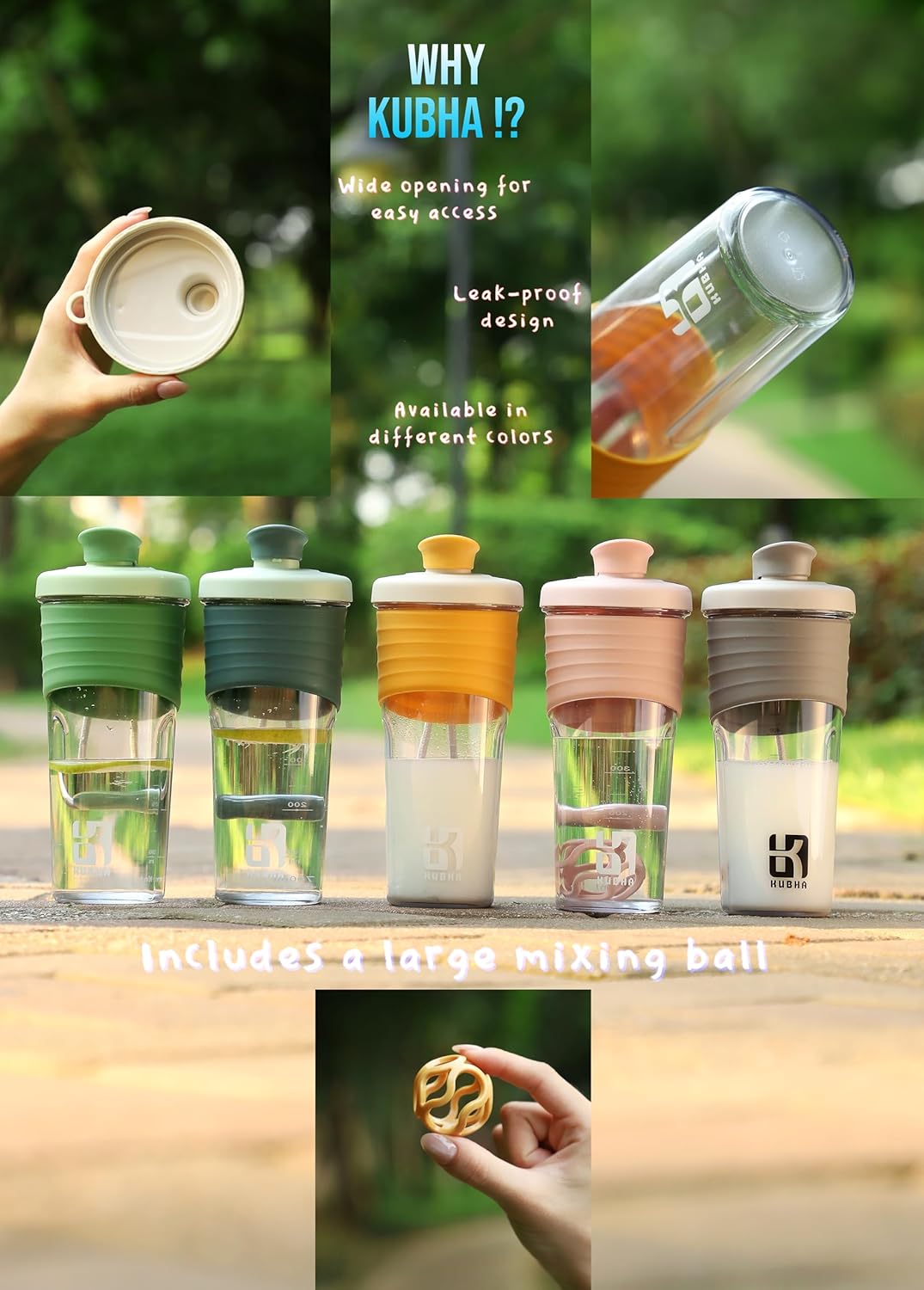 Collage of Kubha drinkware products with features highlighted.