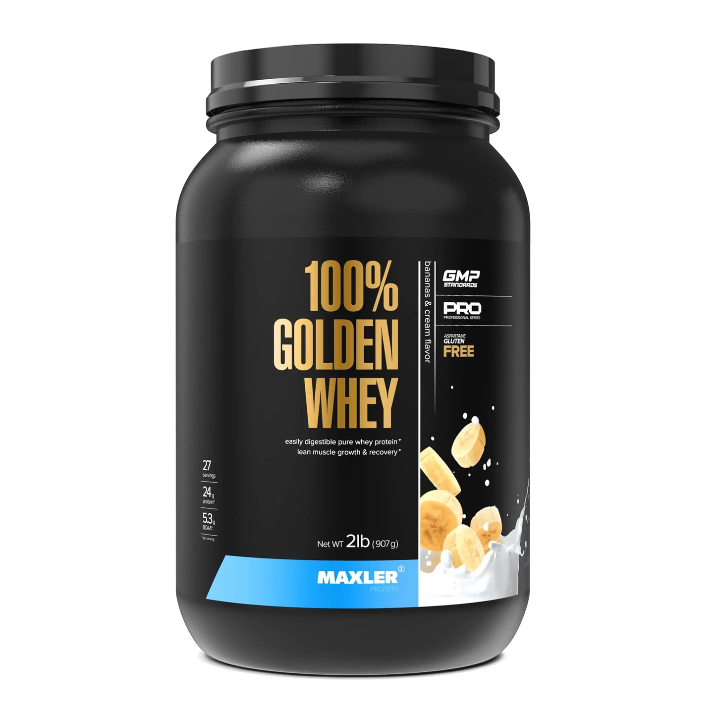 Black container of 100% Golden Whey protein powder with MAXLER branding on a white background
