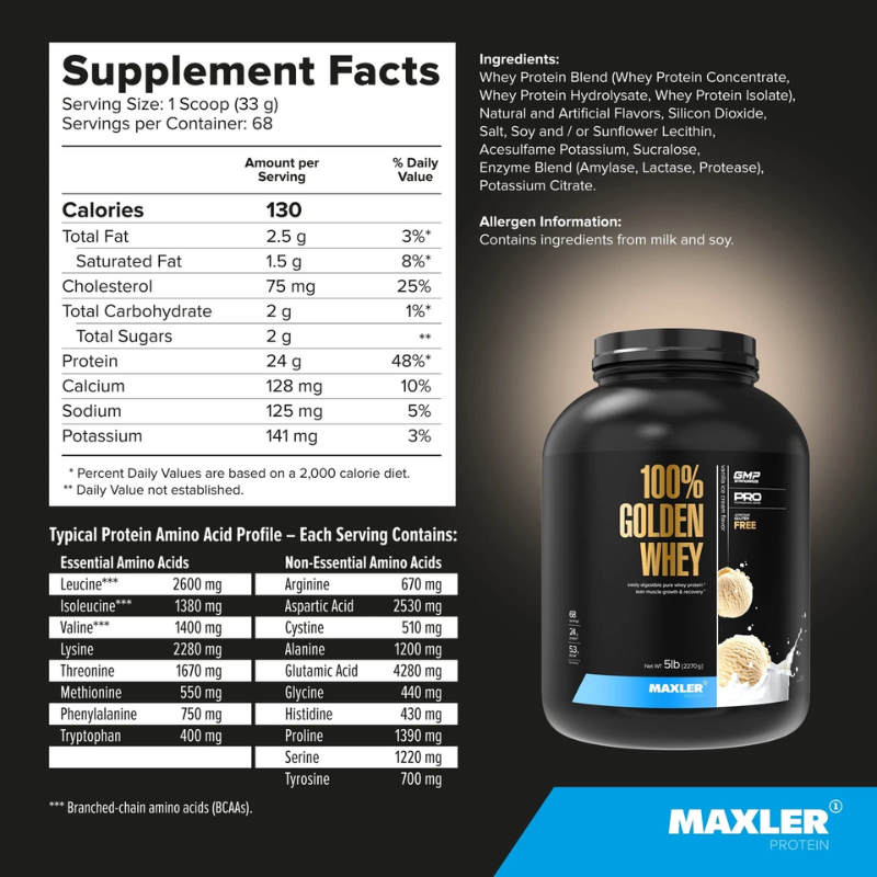 Maxler 100% Golden Whey protein supplement with nutritional facts and ingredients list.