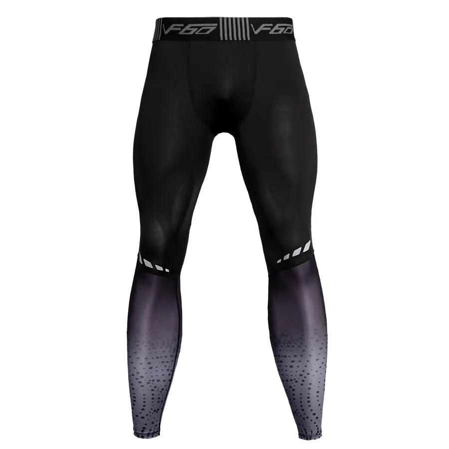 Black compression leggings with gradient design and brand logo on a white background