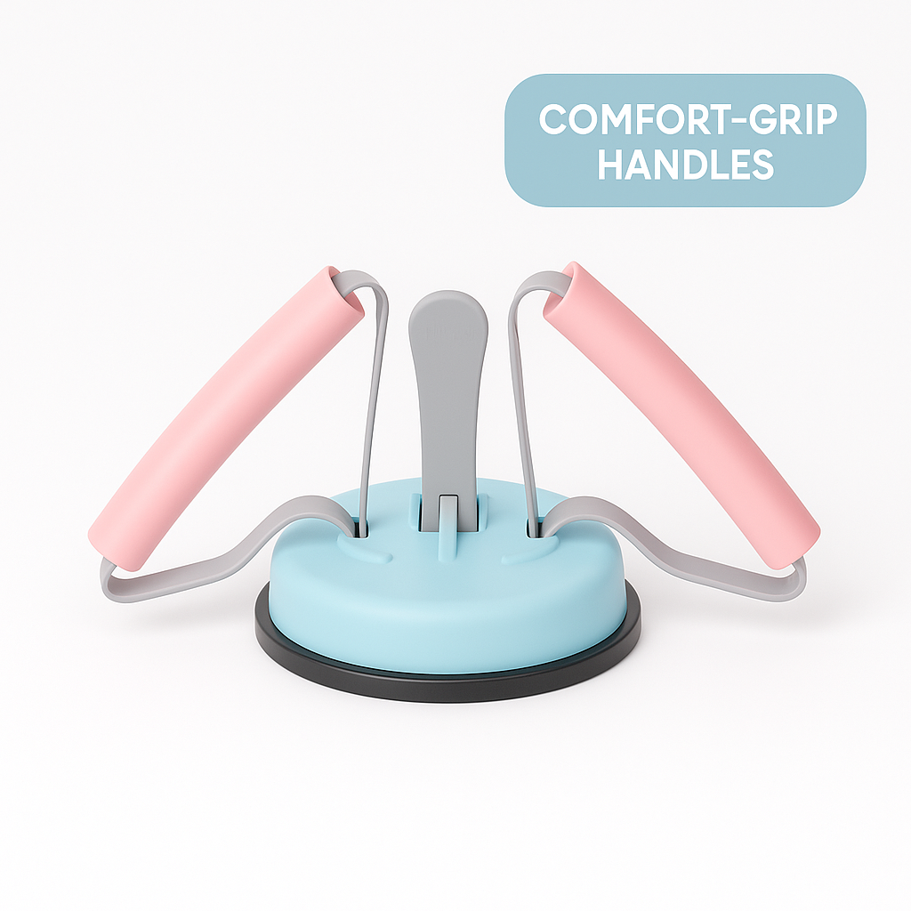 Exercise device with pink handles and a blue base on a white background