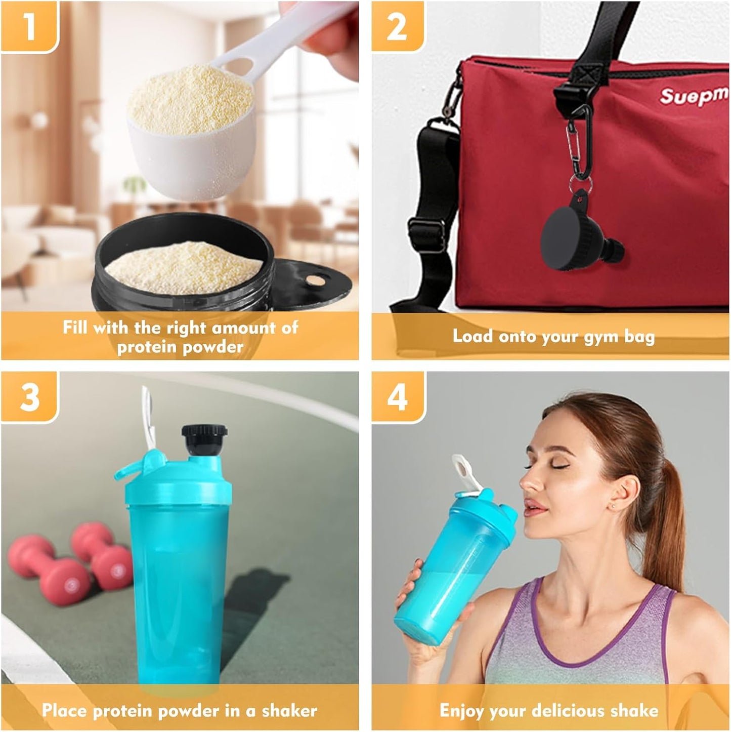 Step-by-step guide on how to prepare and consume a protein shake, including protein powder, shaker, and woman drinking the shake.