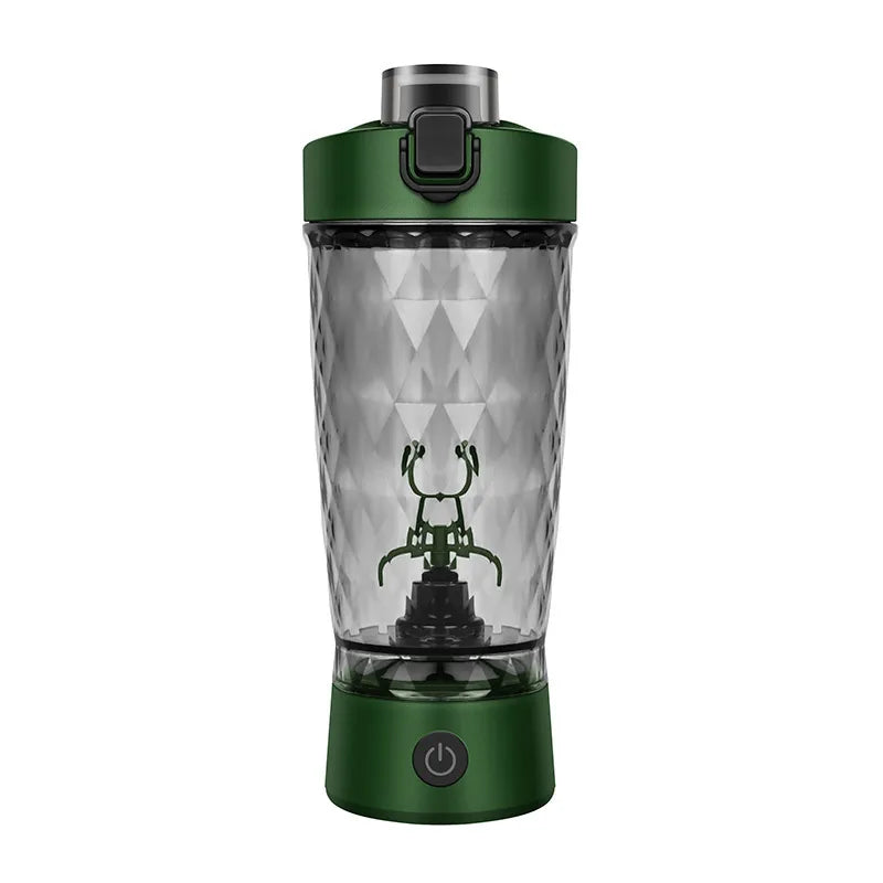 Green portable blender with clear container on a white background