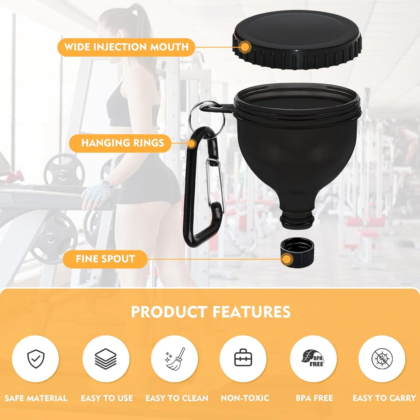 Black funnel with carabiner on a white background, featuring product features.