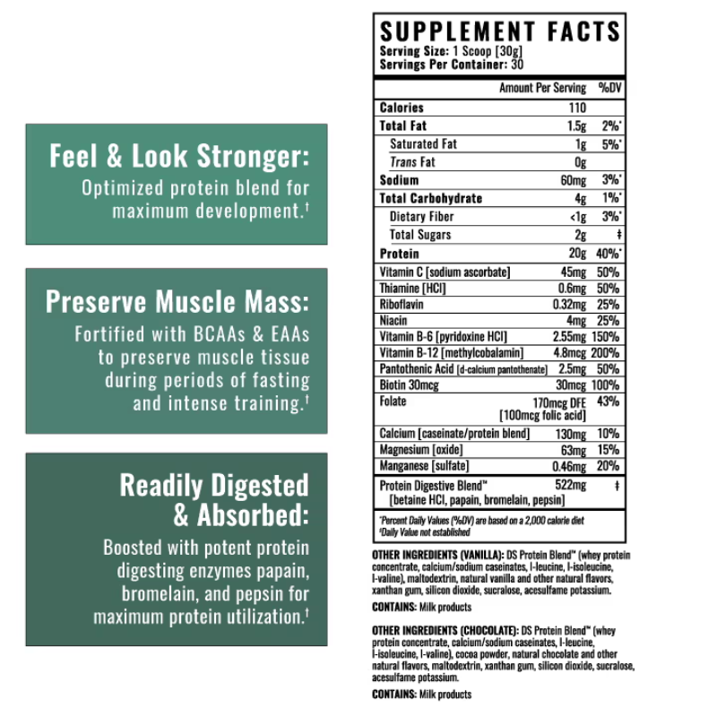 Supplement label with text and nutritional information on a white background