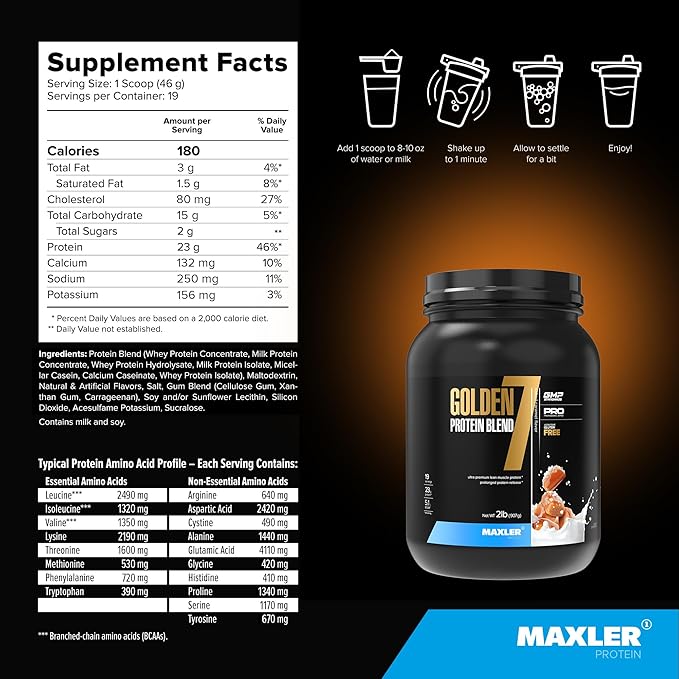 Maxler Protein supplement container with nutritional information on a black background