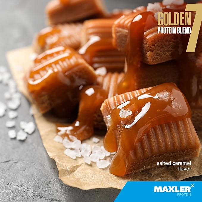 Salted caramel protein bars on a gray surface with MAXLER Protein branding.