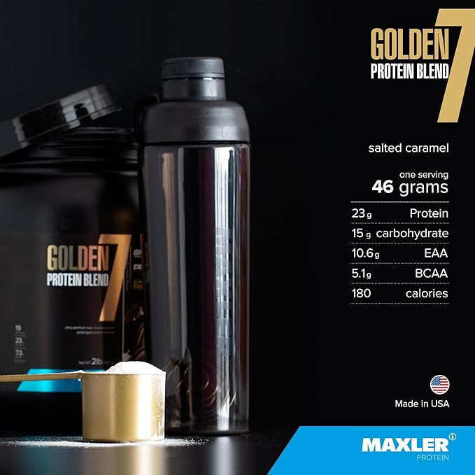 Maxler Golden Protein Blend 7 packaging with a shaker and scoop on a black background