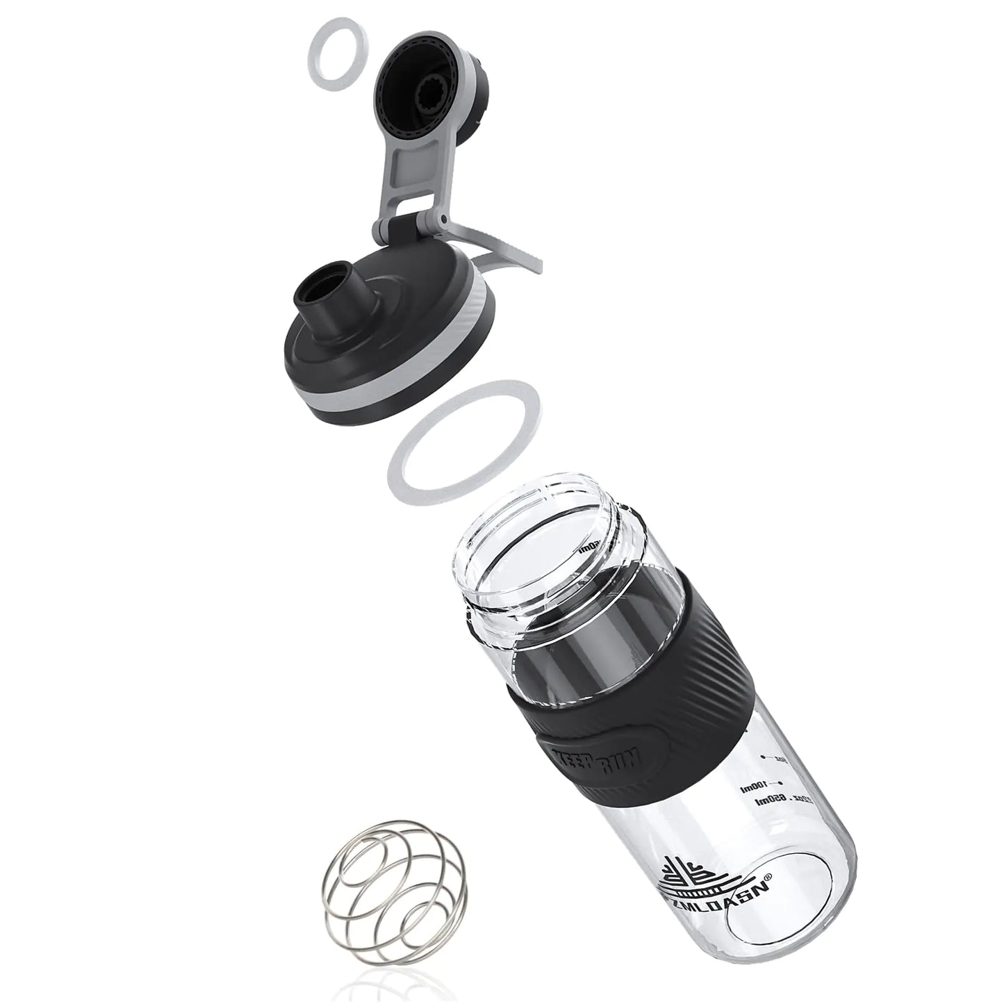Clear water bottle with black cap and additional components on a white background