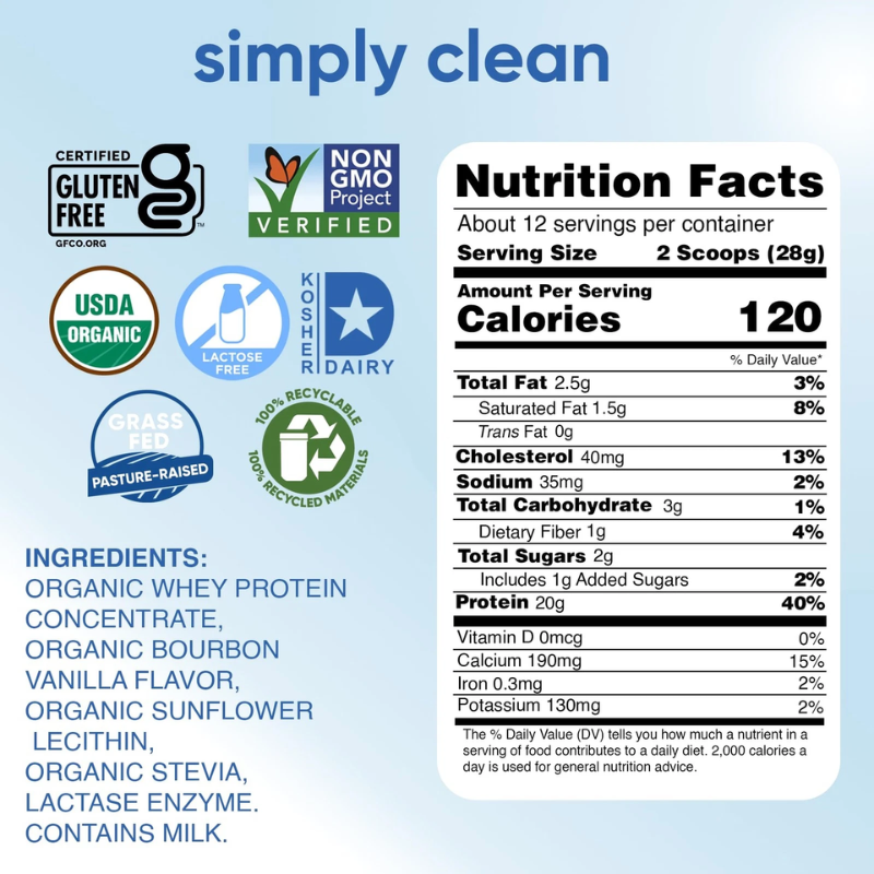 Nutrition label with certification logos and ingredients on a light blue background