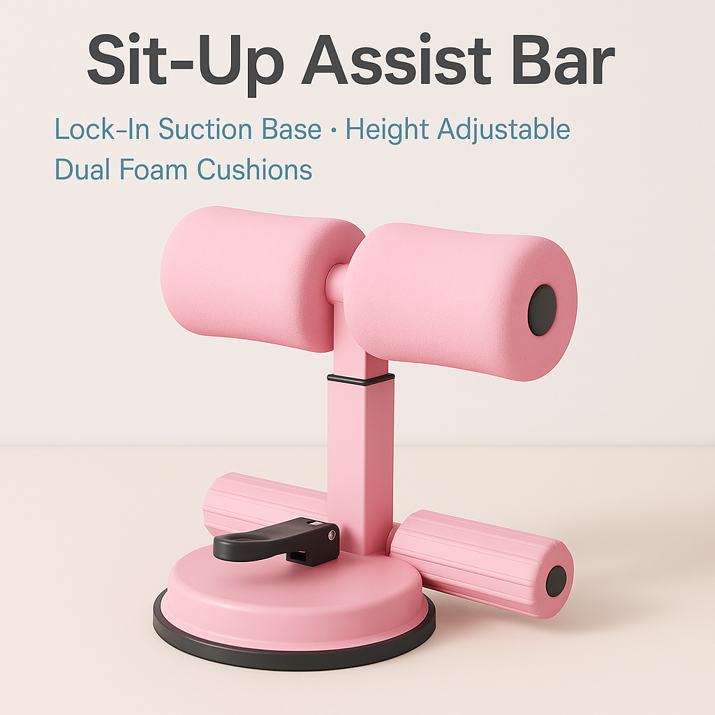 Pink sit-up assist bar with suction base on a beige background