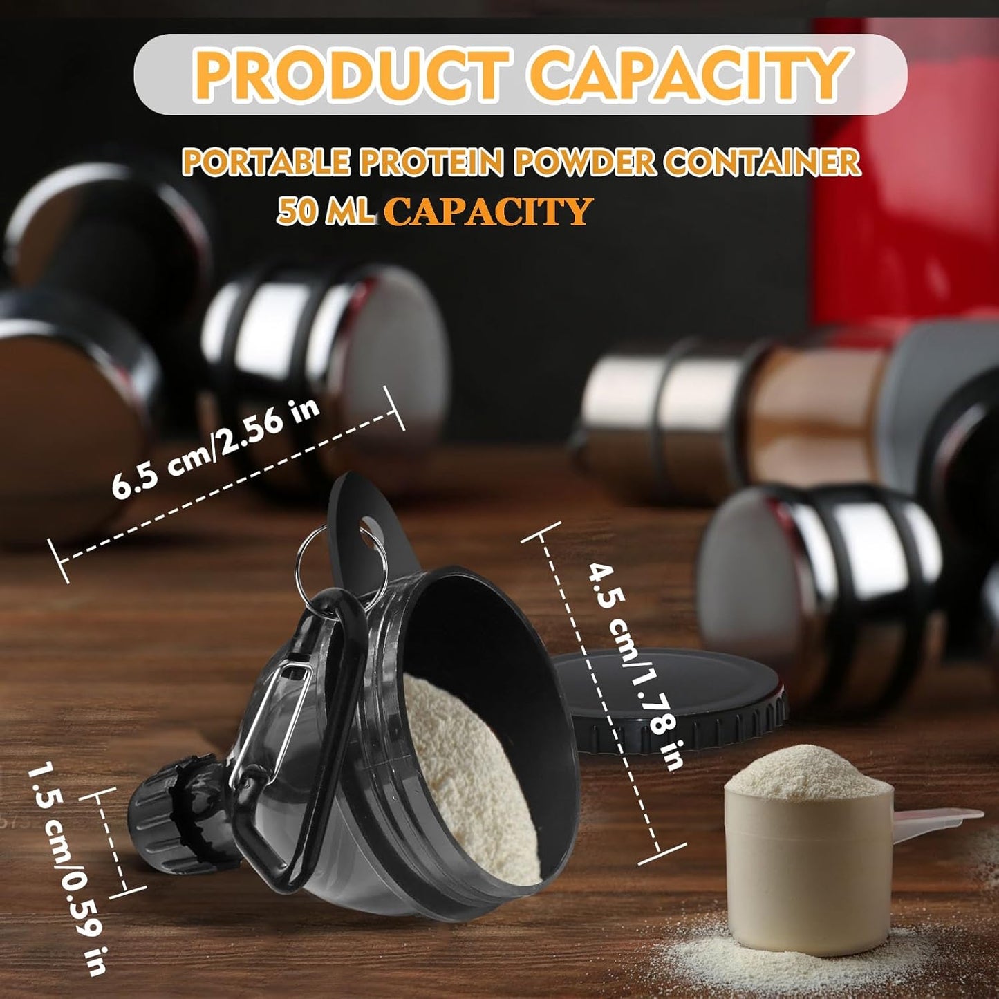 Portable protein powder container with measurements on a wooden surface