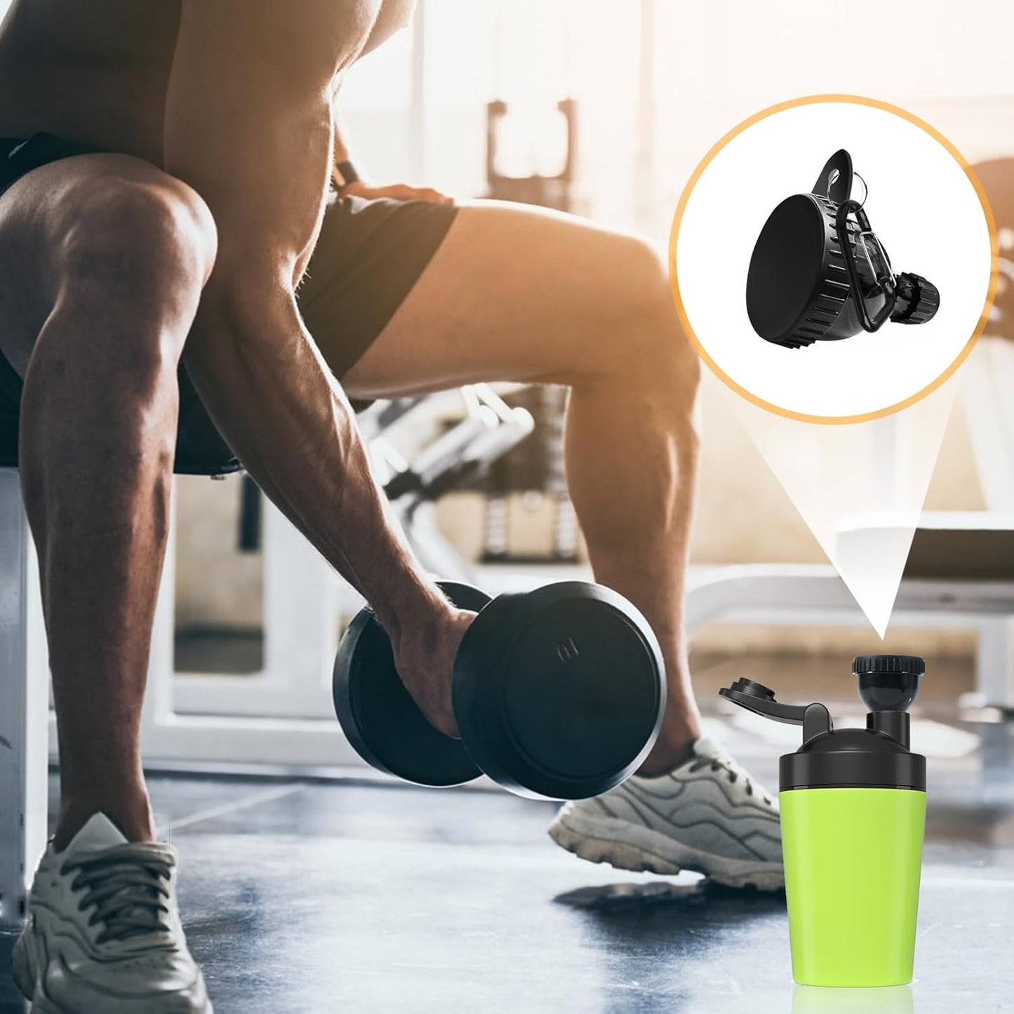 Person lifting weights with a close-up of gym equipment and a green shaker bottle.