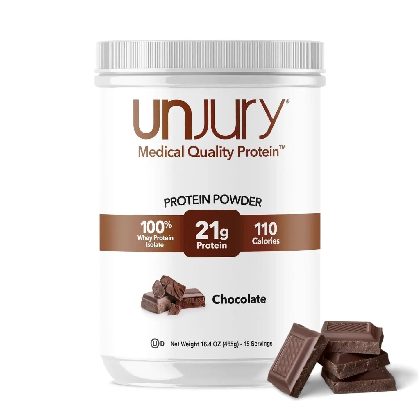 Unjury Medical Quality Protein powder container with chocolate flavor indication on a white background