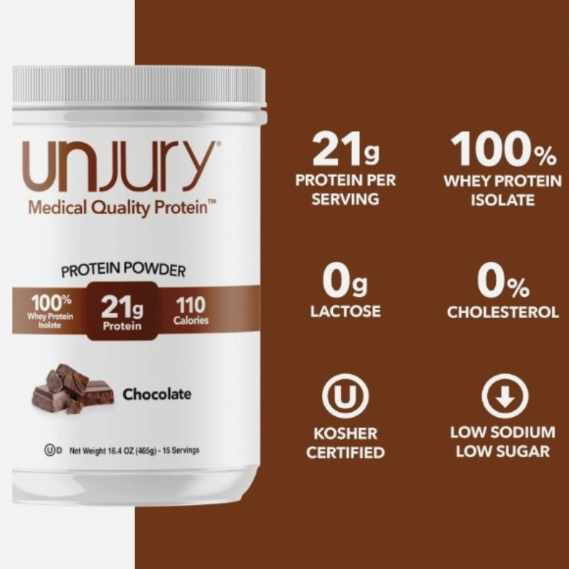 Unjury protein powder container with nutritional information on a brown background