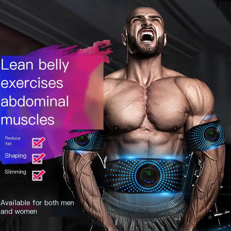 Man with a waist trainer and text about lean belly exercises and abdominal muscles.