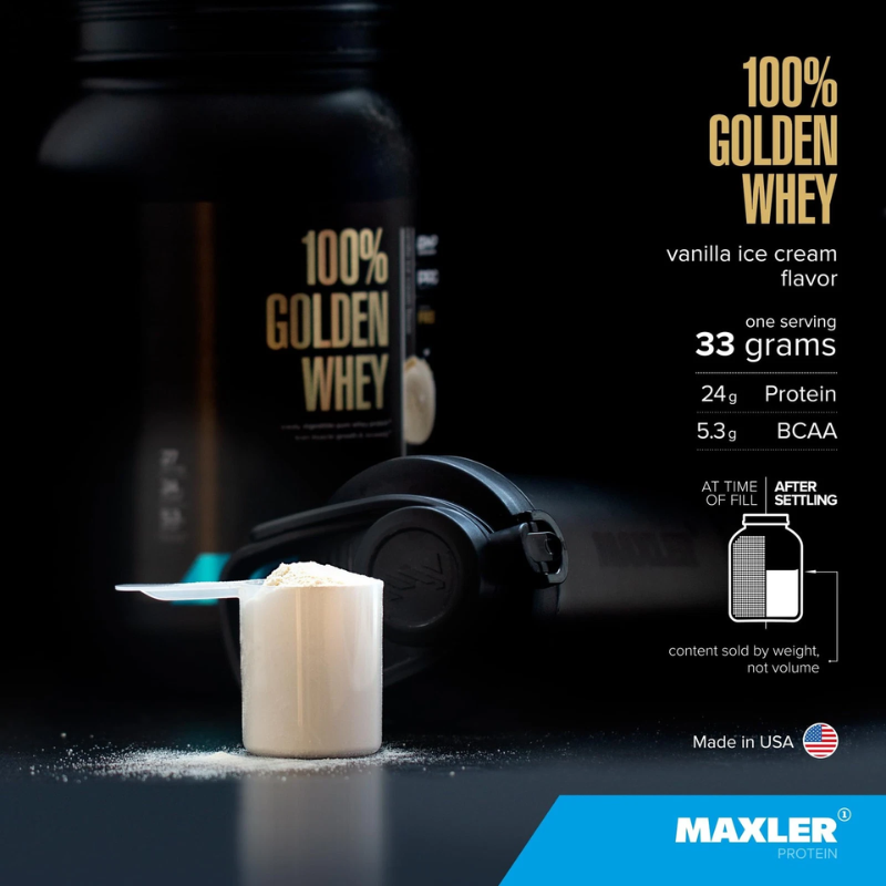 Maxler 100% Golden Whey protein powder container with scoop and vanilla ice cream flavor information.