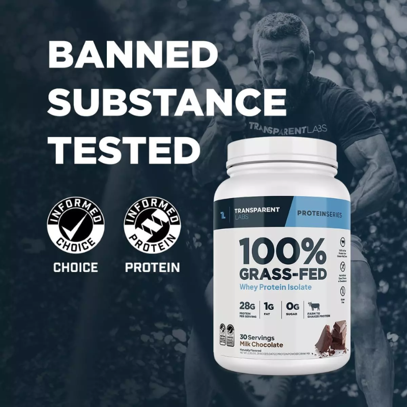 Protein supplement bottle with 'Banned Substance Tested' text and logos, against a blurred outdoor background.