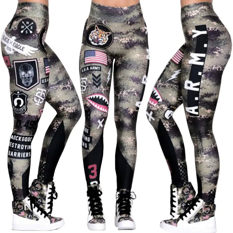 Camouflage leggings with various designs and text, worn with sneakers.