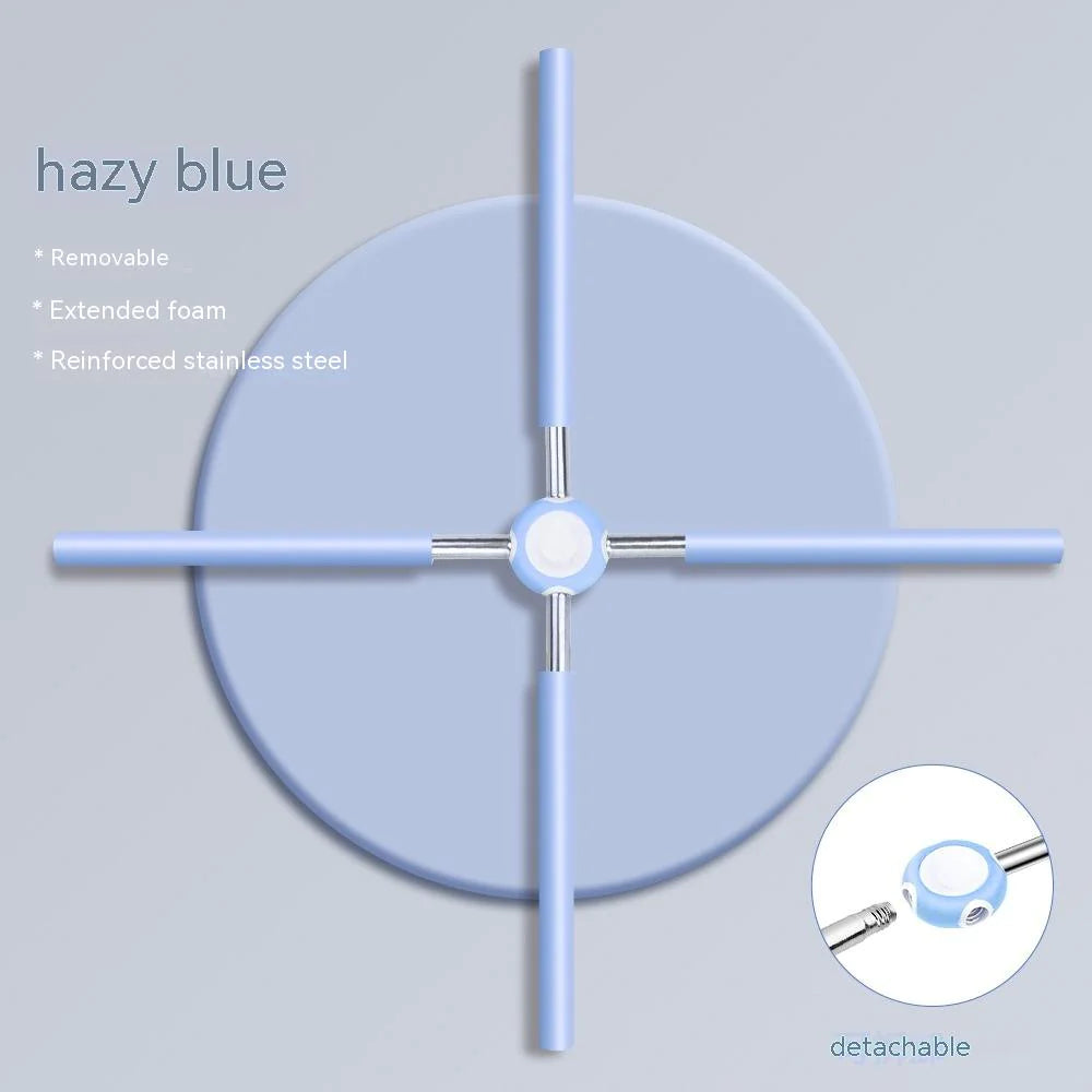 Hazy blue cleaning tool with features listed on a light gray background