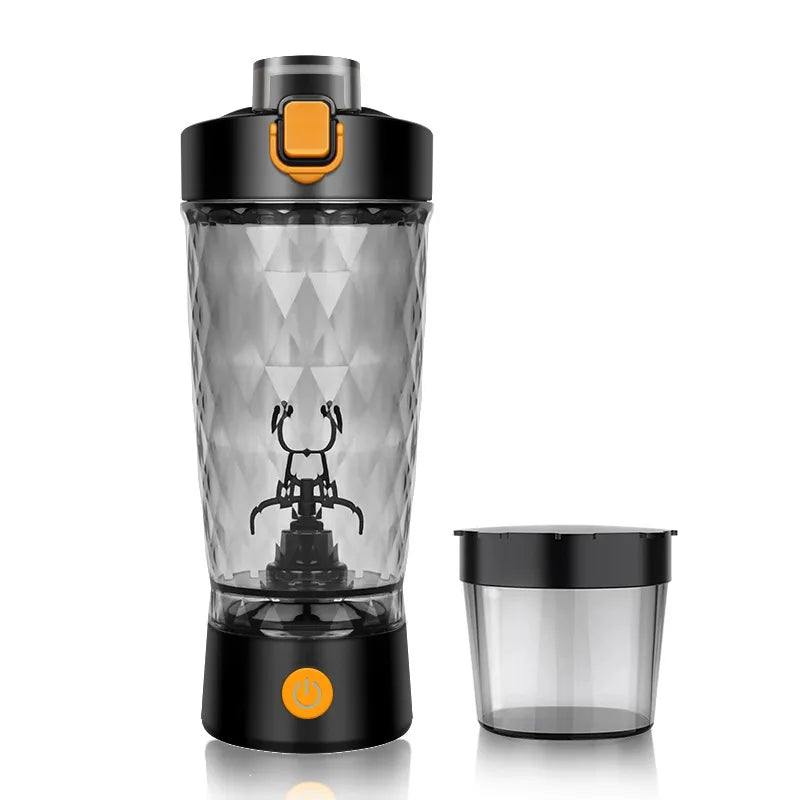 Black and orange portable blender with clear container on a white background