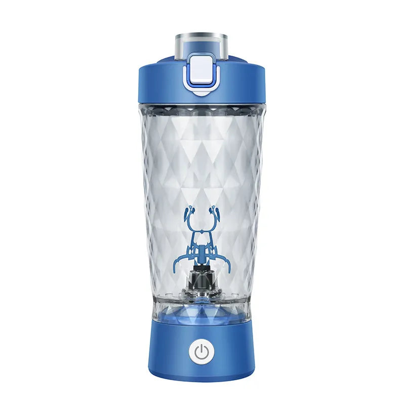 Blue and clear portable blender on a white background