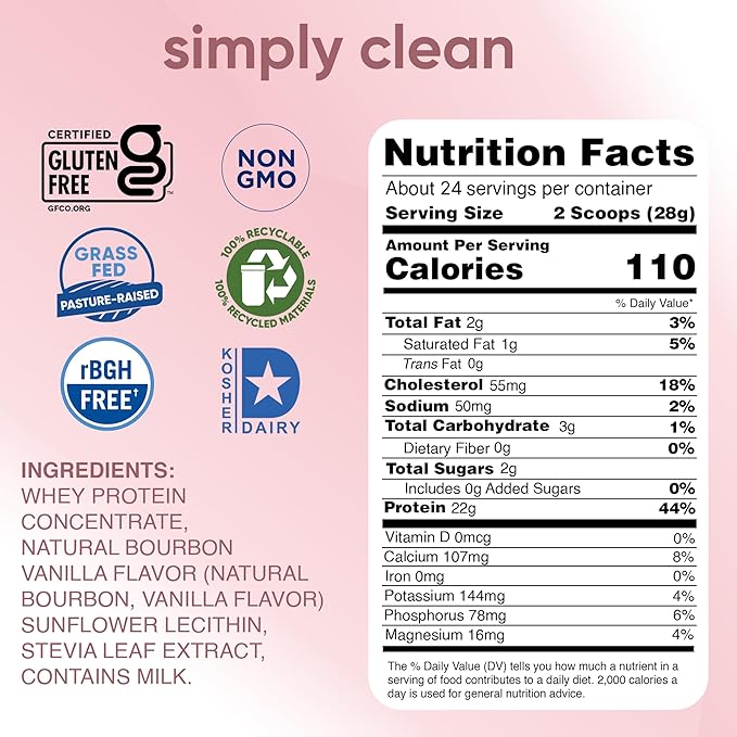 Nutrition label for a protein product with various certification logos on a pink background