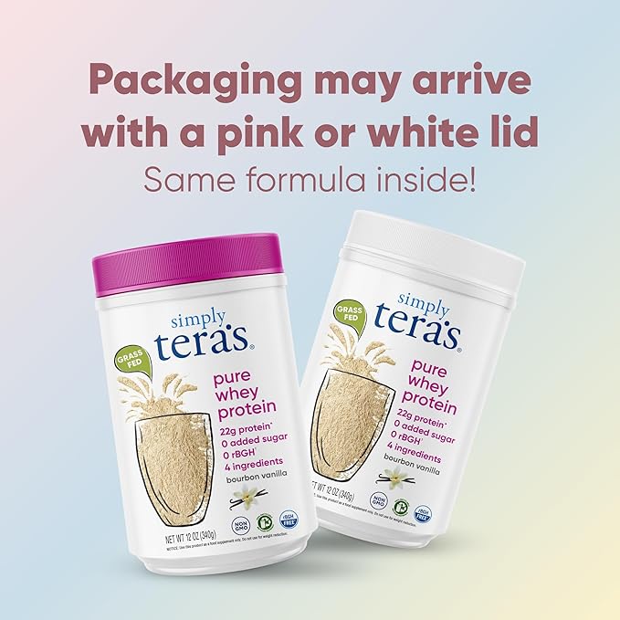 Two containers of Simply Tera's pure whey protein with text about packaging variations.