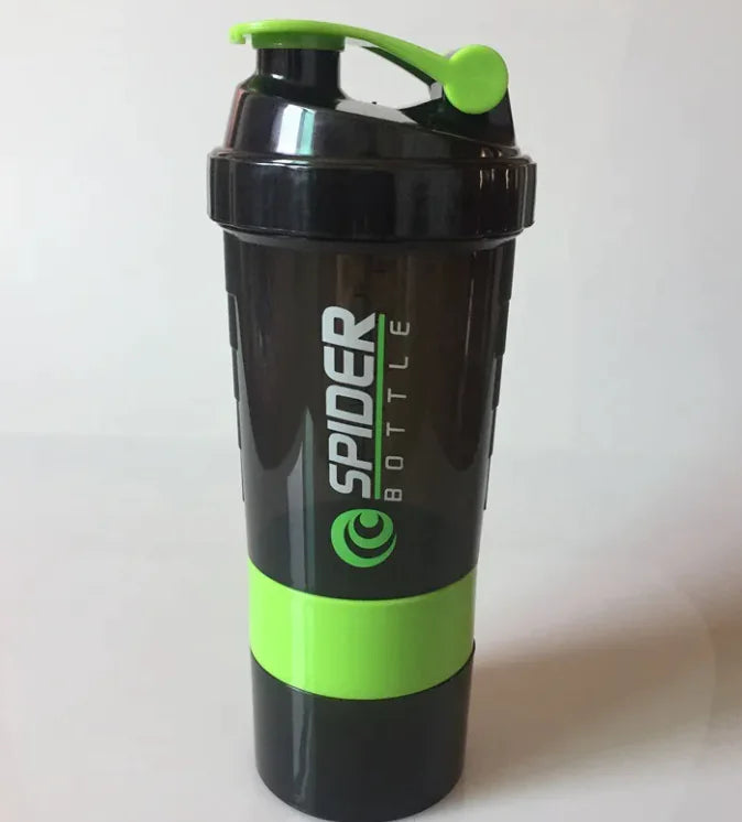 Black and green shaker bottle with 'Spider Bottle' branding on a white background