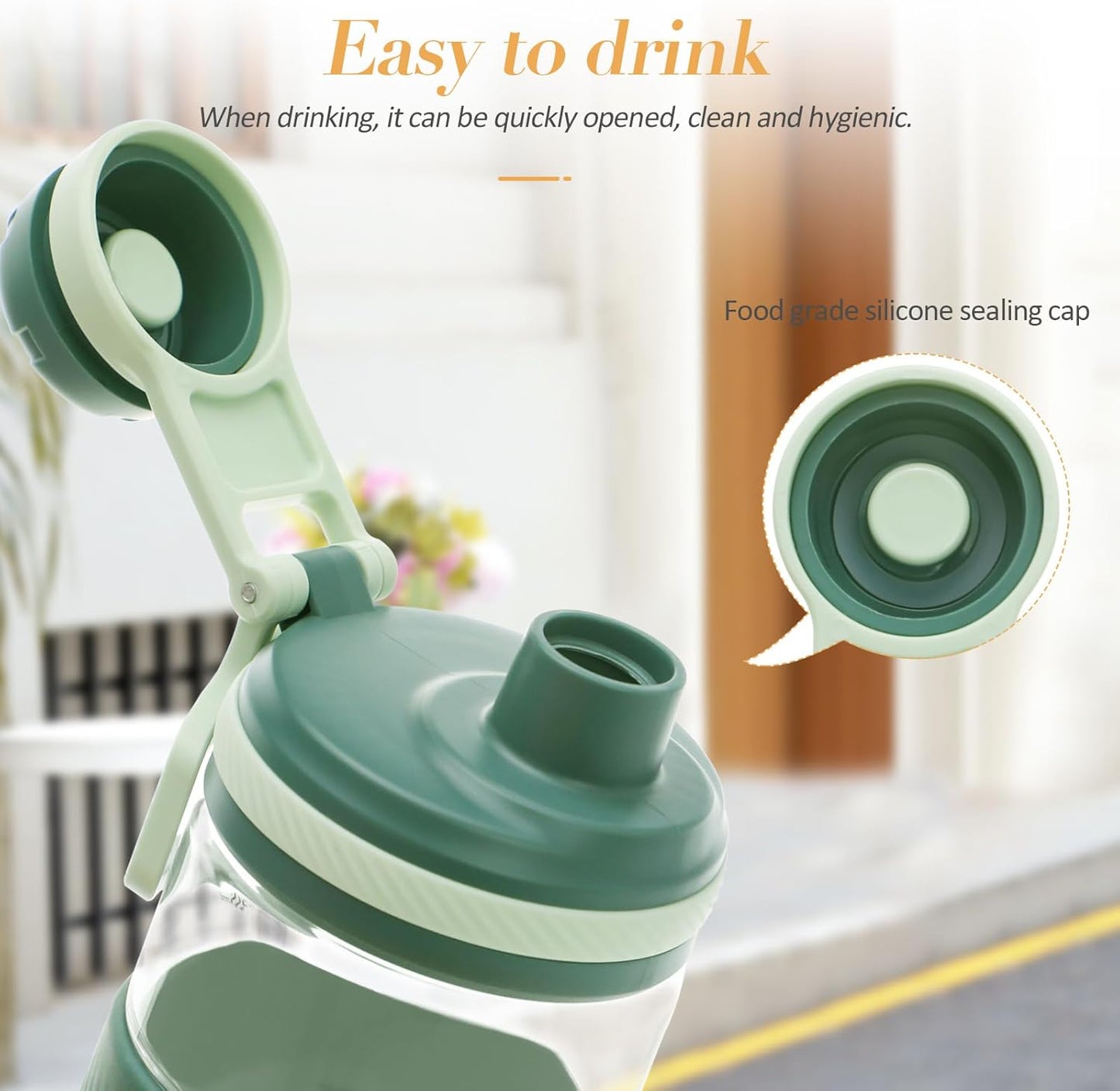 Green water bottle with a silicone sealing cap on a blurred background