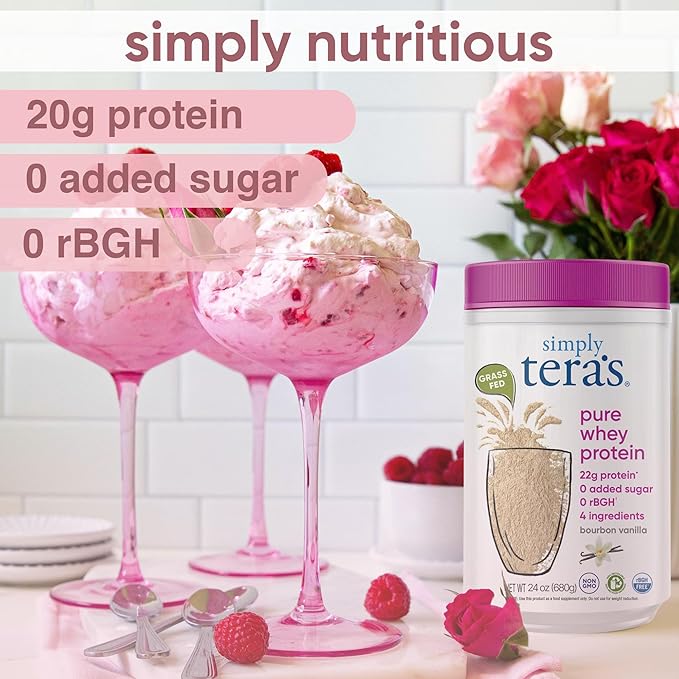 Tera's pure whey protein container with pink protein shake in glasses and flowers on a white background