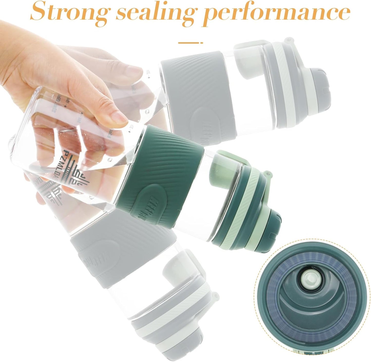 Collapsible silicone cups with a hand holding one, on a white background with text 'Strong sealing performance'.