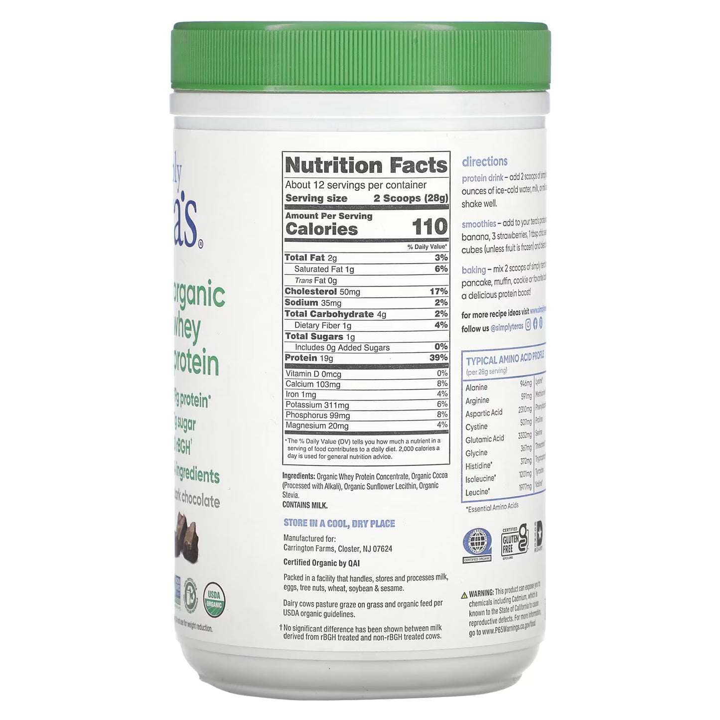 Container of organic whey protein with nutrition facts label on a white background