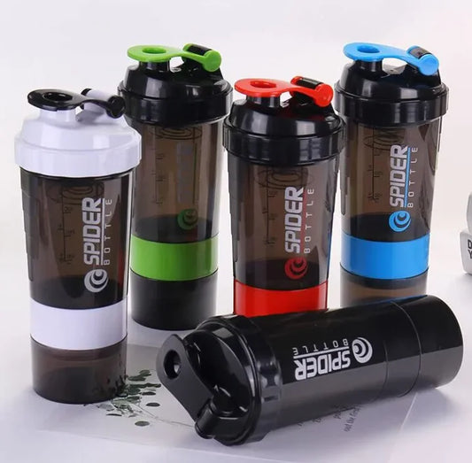 Set of Spider protein shaker bottles with different colored lids on a white background