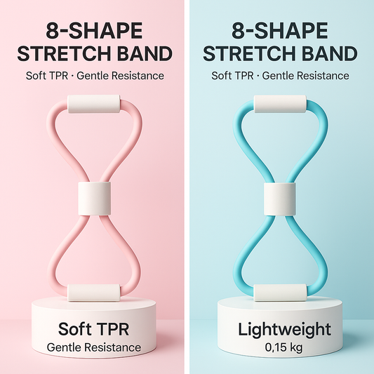 Two 8-shape stretch bands, one pink and one blue, on a pink and blue background with text describing their features.
