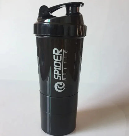 Black shaker bottle with 'Spider Bottle' logo on a white background