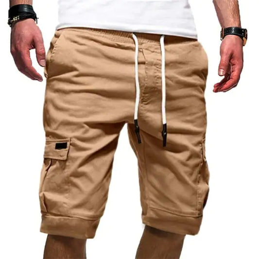 Tan cargo shorts with white drawstring on a white background