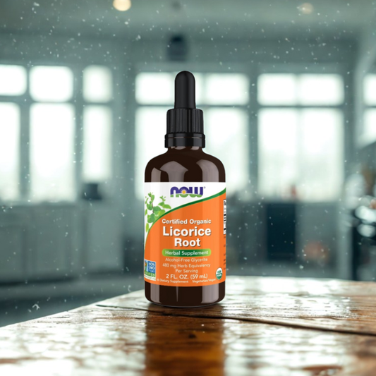 Bottle of NOW Organic Licorice Root supplement on a wooden surface with a blurred indoor background